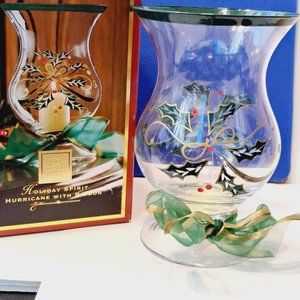 Lenox Holiday Spirit Hurricane with Ribbon Holly Crystal Candle Holder
